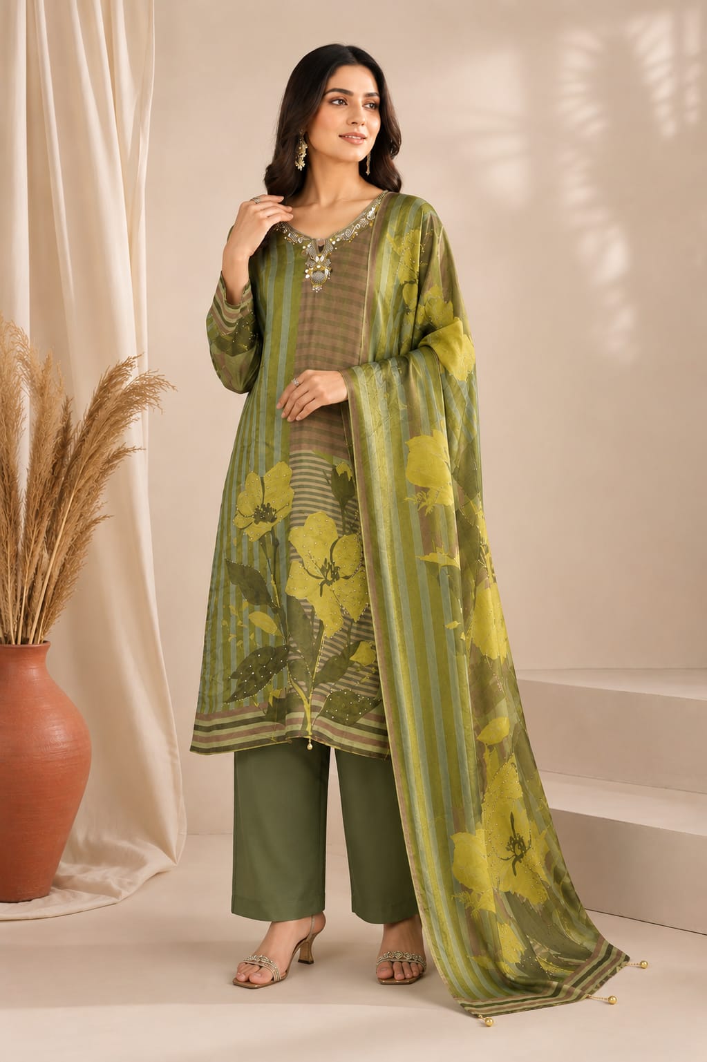 Shimmer Green suit with heavy embroidery