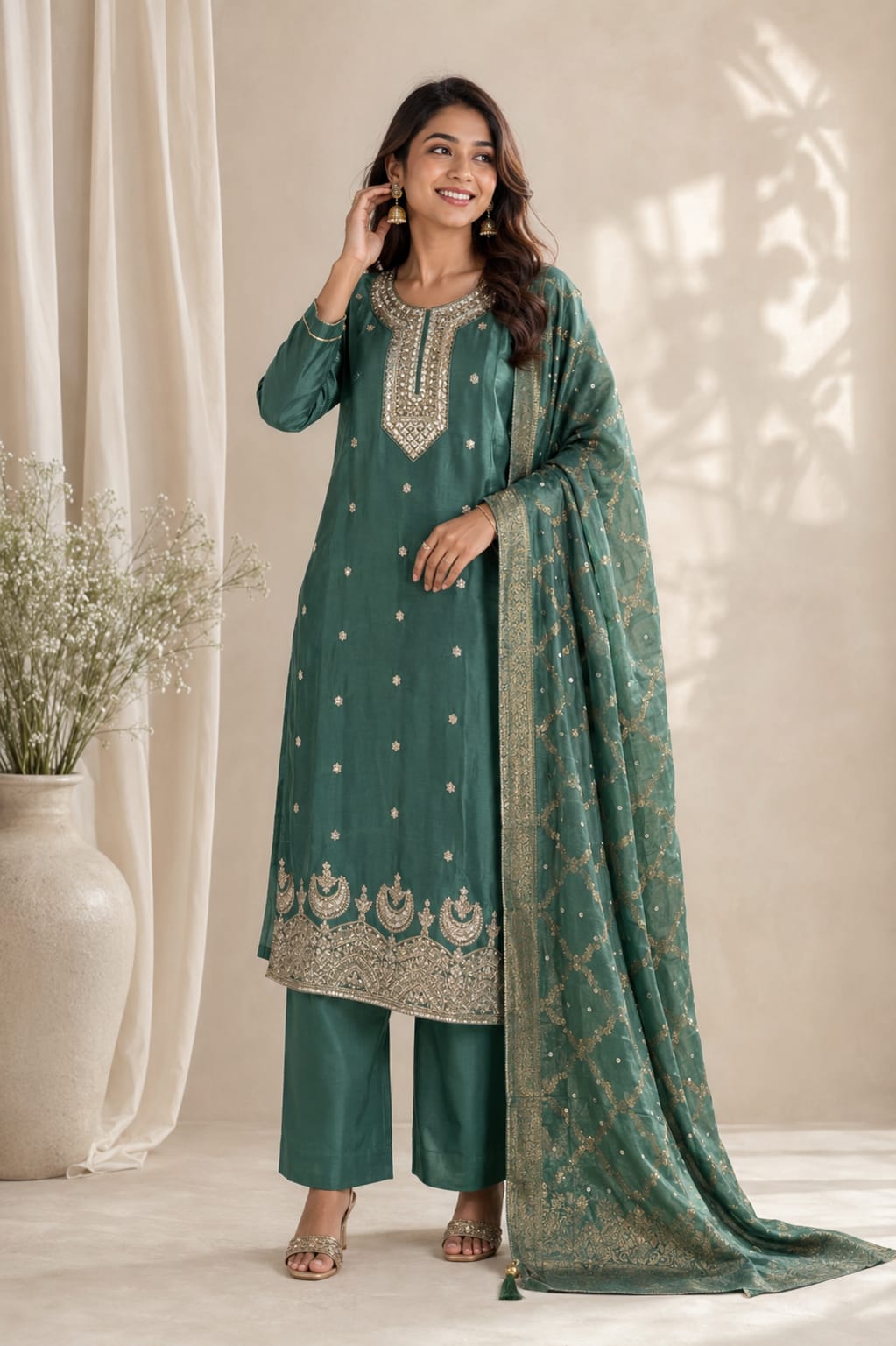 Green Dola silk with heavy embroidery and bandani dupatta