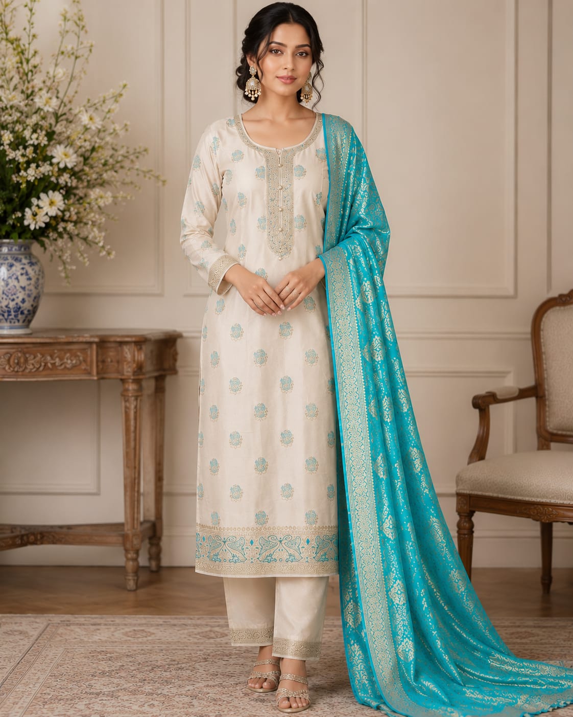 OFF WHITE BANARSI  SUIT WITH HEAVY EMBROIDERY WORK ON NECKLINE AND HEMLINE