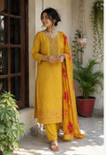MUSTARD YELLOW BANARSI  SUIT WITH BANDANI PRINT HEAVY EMBROIDERY WORK ON NECKLINE AND HEMLINE