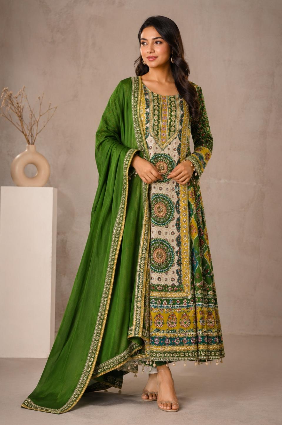 ALINE CREPE SUIT WITH SEQUENCE  AND MIRROR WORK WITH SHELL LACE ON HEMLINE AND SLEEVES