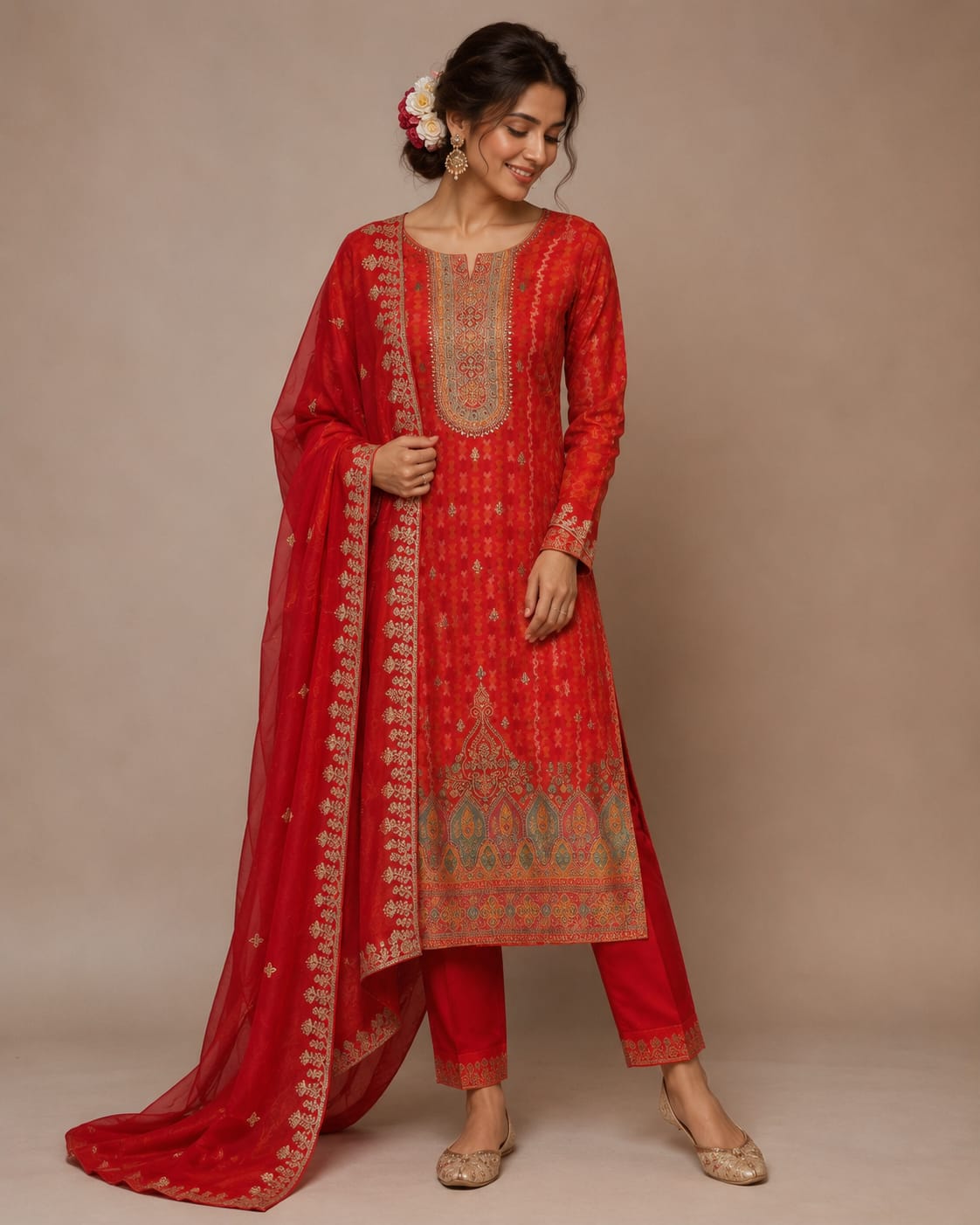 RED BEAUTY IN BANARSI SUIT WITH WORK ON NECK LINE AN STRAIGHT PANT