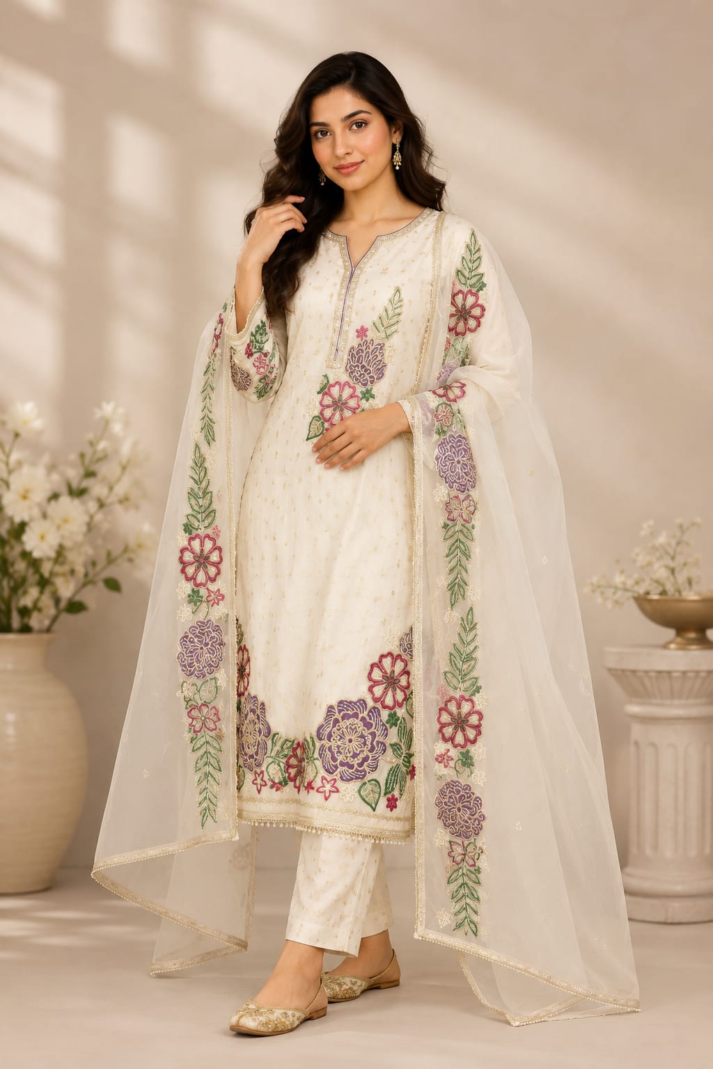 SHIMMER SUIT WITH THREAD EMBROIDERY AND ORGANZA DUPATTA