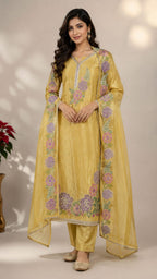 SHIMMER SUIT WITH THREAD EMBROIDERY AND ORGANZA DUPATTA
