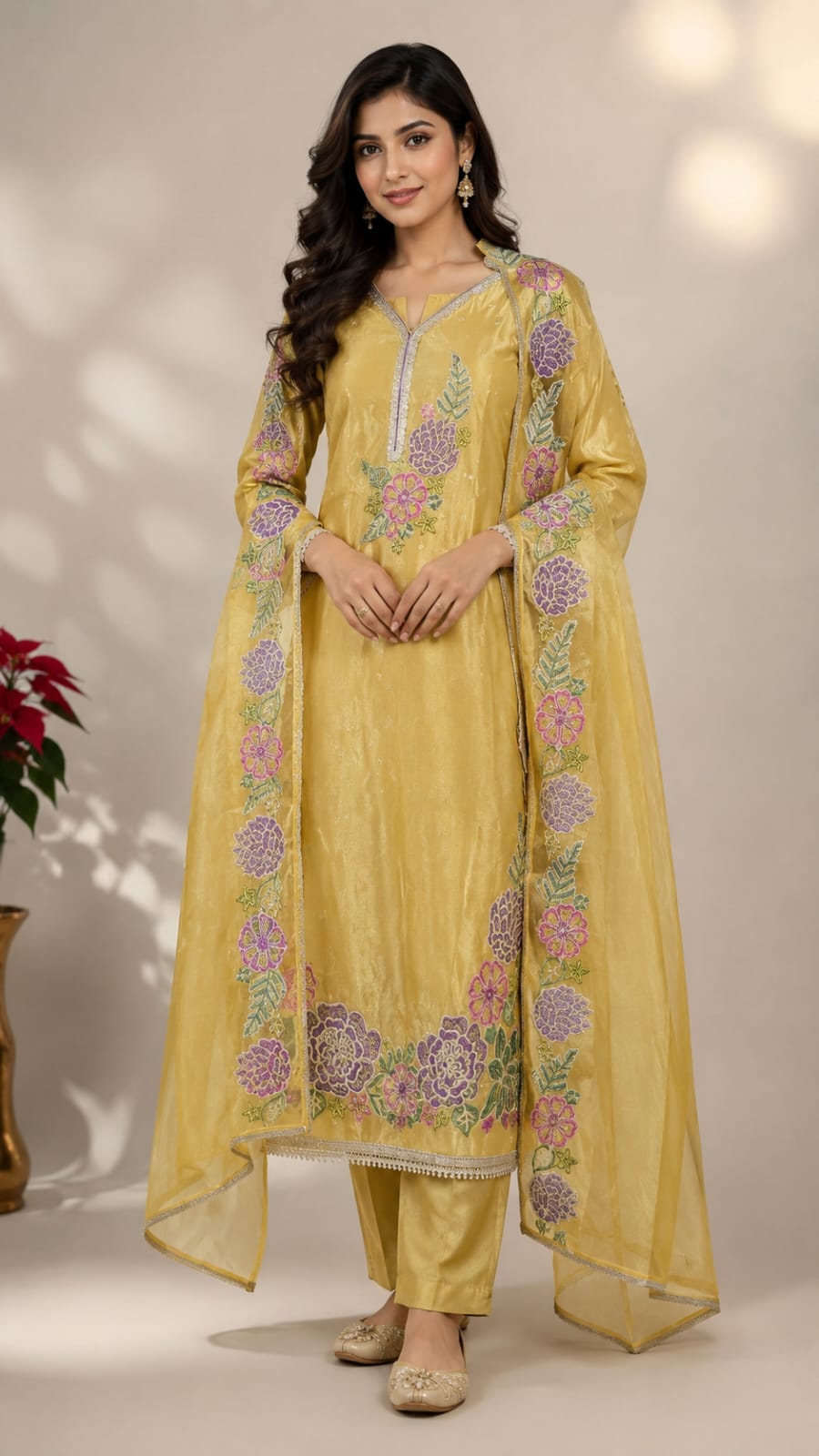 SHIMMER SUIT WITH THREAD EMBROIDERY AND ORGANZA DUPATTA