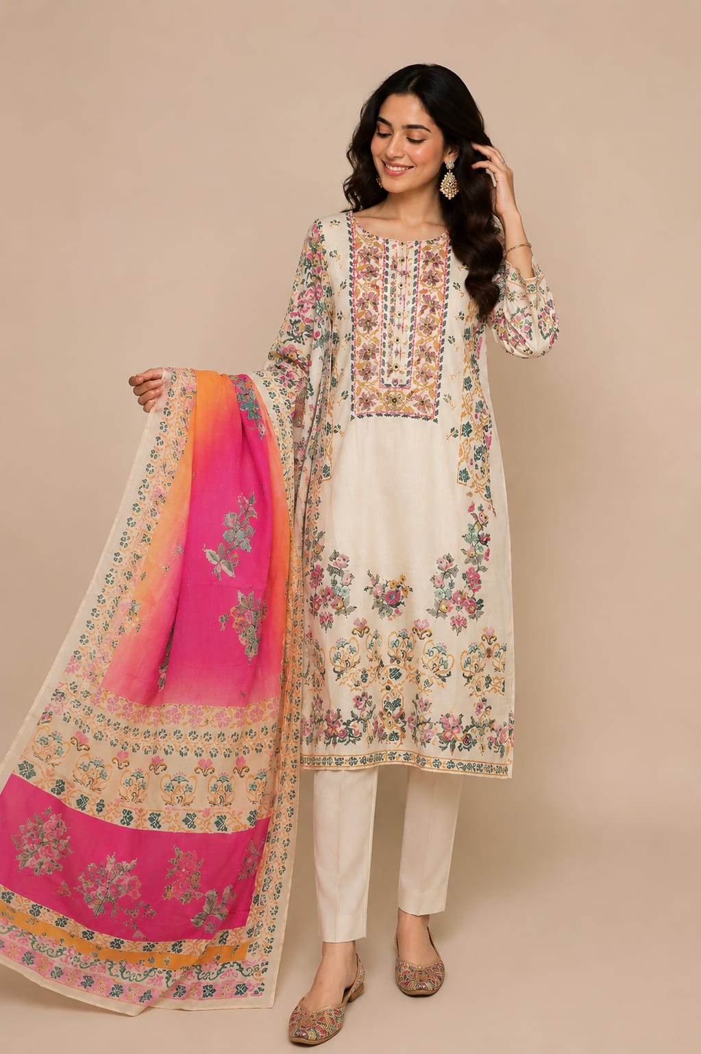 PRINTED CREPE SUIT WITH SEQUENCE WORK ON NECK PRINTED BOTTOM  AND PRINTED CREPE DUPATTA