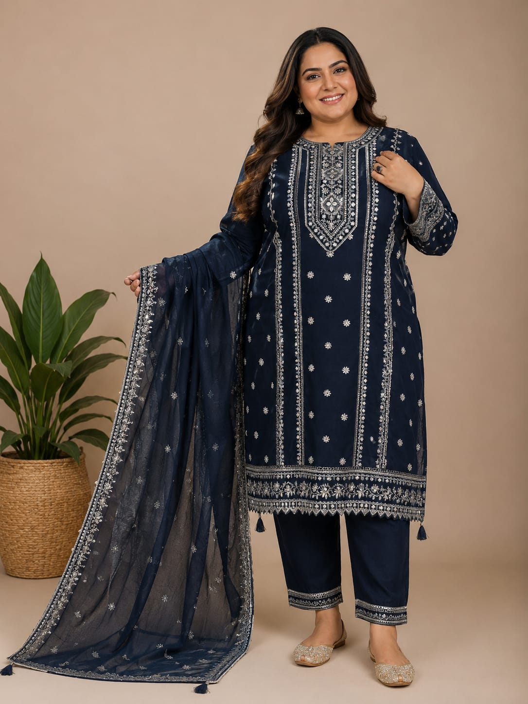 DARK BLUE COLOR PURE CREPE SUIT WITH HEAVY THREAD EMBROIDERY ON FULL SUIT   PANTS WITH EMBROIDERY PURE CHINNON DUPATTA WITH EMBROIDERY