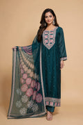 RAMA GREEN SUIT IN CHINNON  FABRIC WITH HEAVY EMBROIDERY ON NECK AND HEMLINE WITH GEORGETTE PRINTED DUPATTA  AND FOUR SIDE LACE
