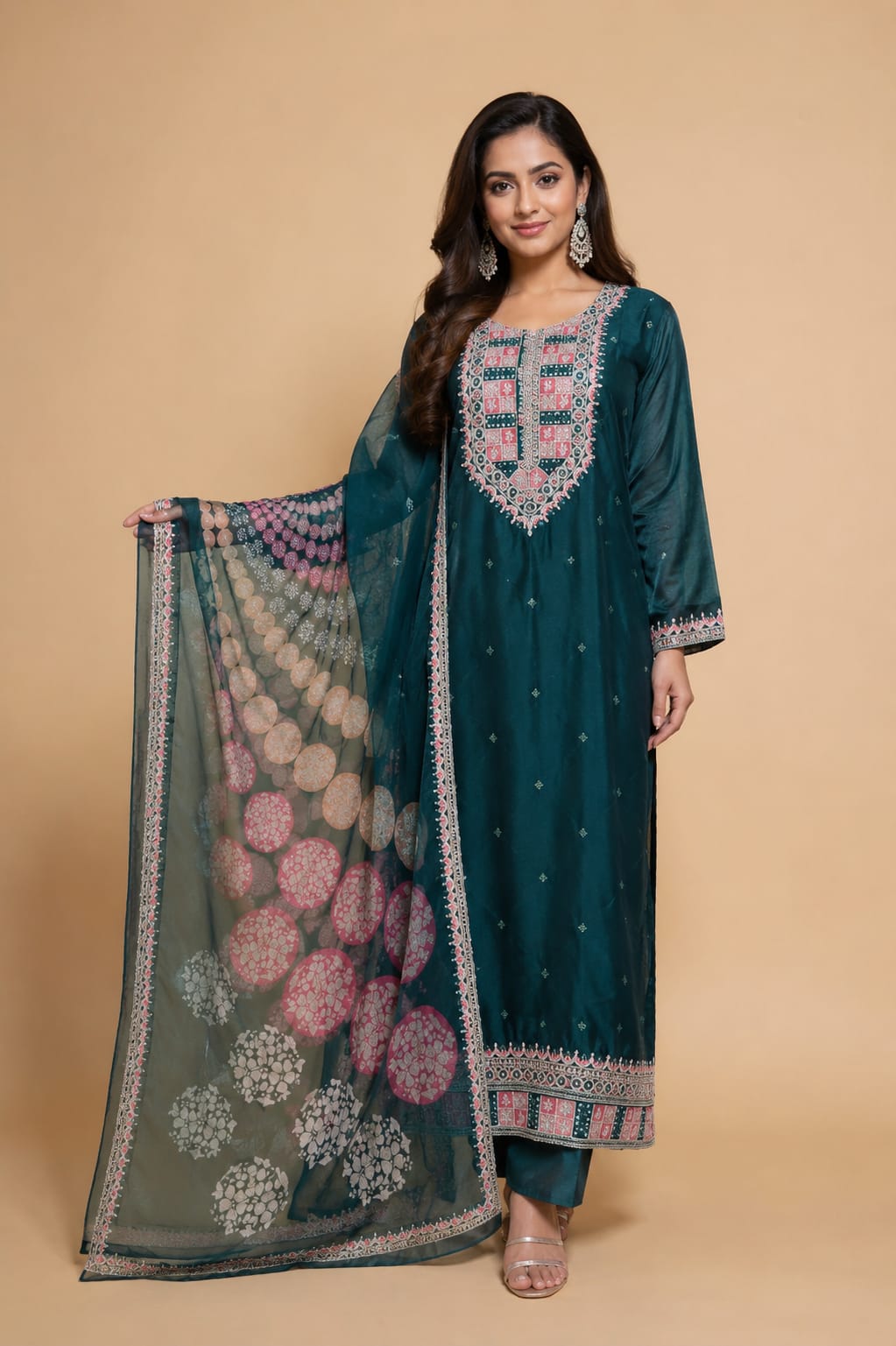 RAMA GREEN SUIT IN CHINNON  FABRIC WITH HEAVY EMBROIDERY ON NECK AND HEMLINE WITH GEORGETTE PRINTED DUPATTA  AND FOUR SIDE LACE