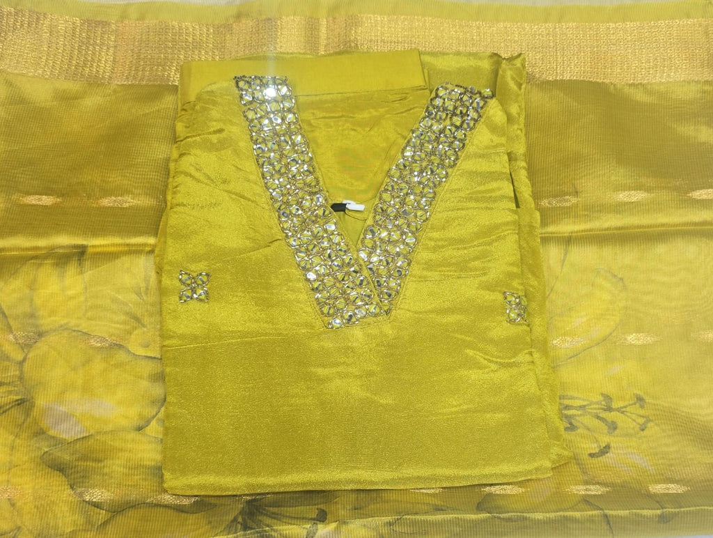 MUSLIN LEMON GREEN COLOUR WITH SHIMMER FABRIC AND MUSLIN DUPATTA