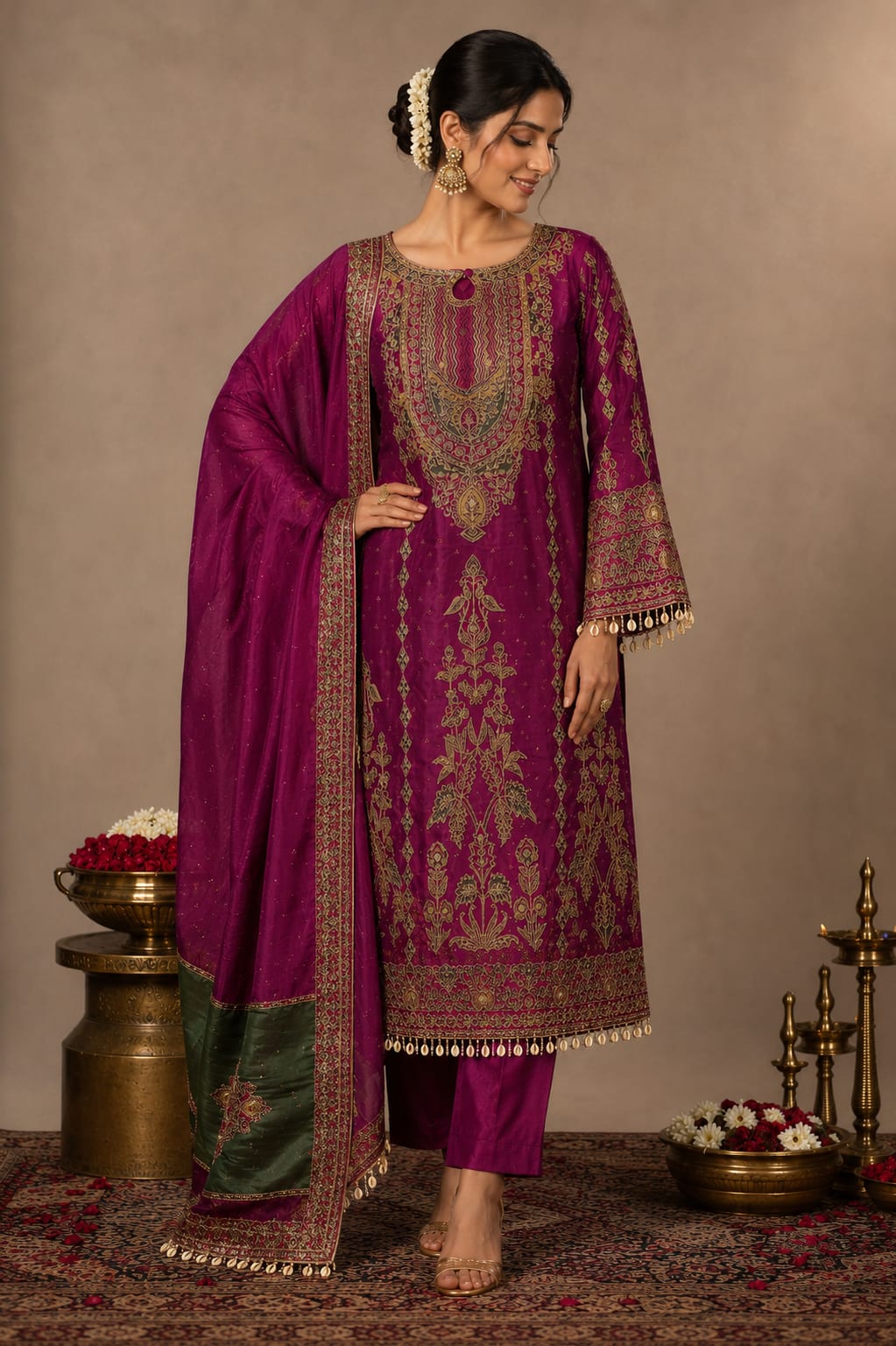 CREPE SUIT WITH HEAVY EMBROIDERY  WORK WITH TASSELS LACE ON SLEEVES AND HEMLINE  PLAIN BOTTOM AND CREPE DUPATTA