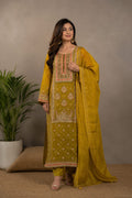 LIGHT MEHANDI GREEN SUIT WITH BANARSI  WORK AND WITH HEAVY EMBROIDERY CHINNON DUPATTA