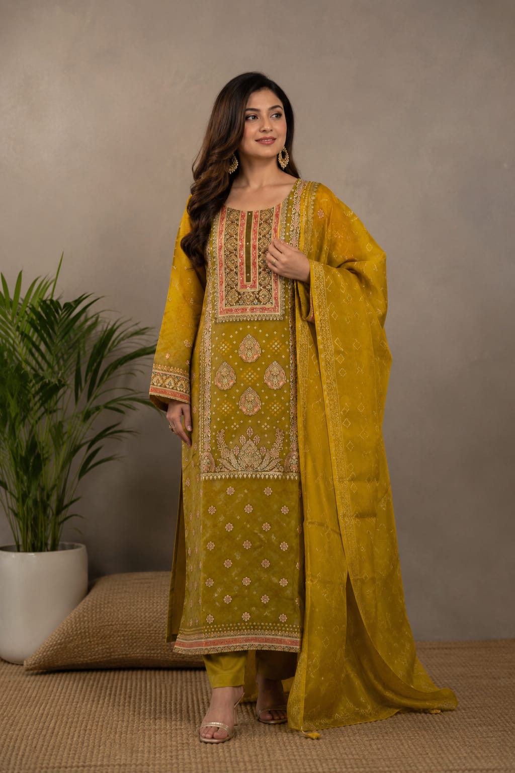 LIGHT MEHANDI GREEN SUIT WITH BANARSI  WORK AND WITH HEAVY EMBROIDERY CHINNON DUPATTA