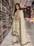 OFF WHITE  CREPE  SUIT WITH GOLDEN HIGHLTING EMBROIDERY  ON FULL SUIT WITH PLAIN BOTTOM AND MUSLIN DUPATTA WITH TASSELS