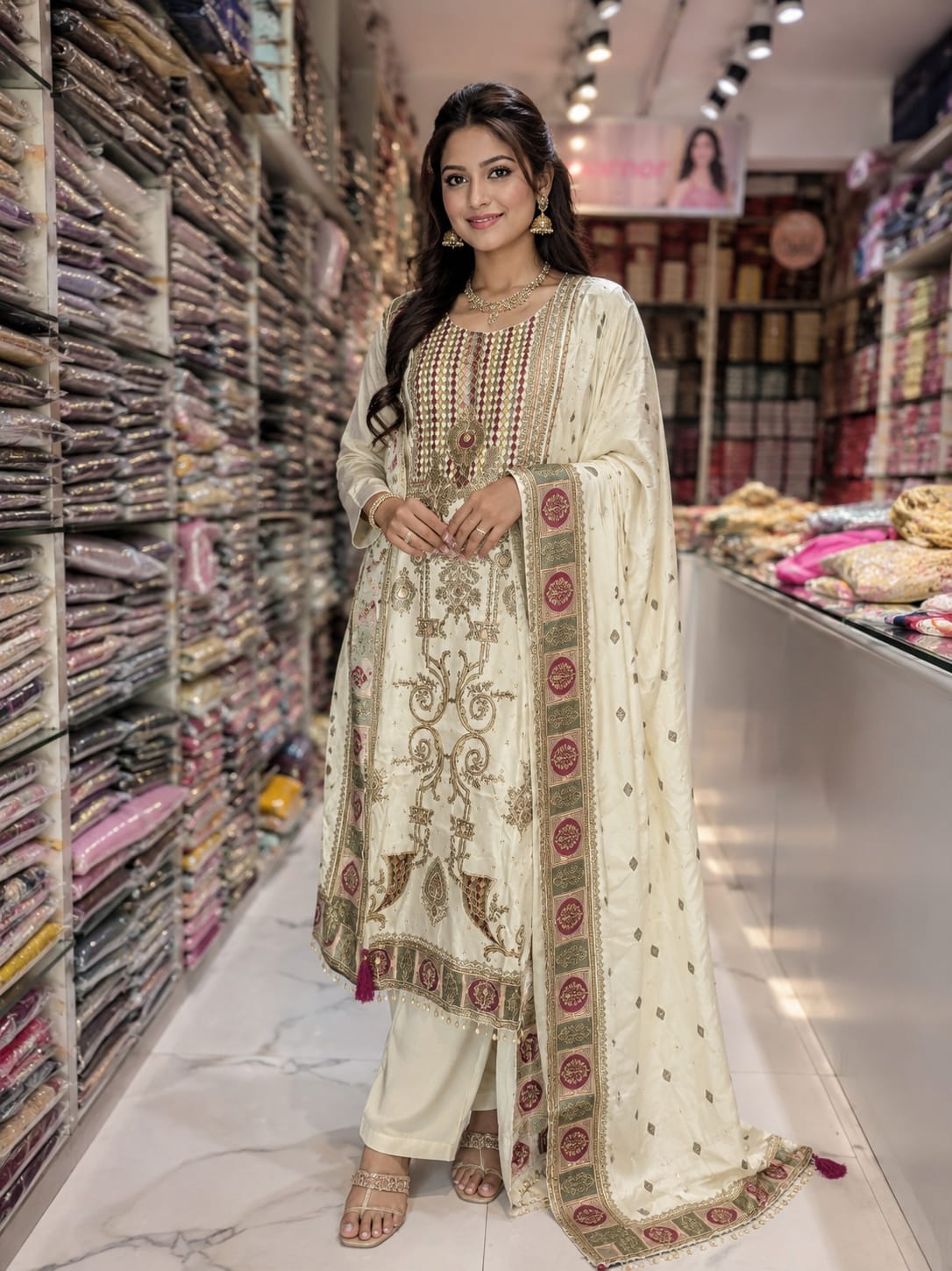 OFF WHITE  CREPE  SUIT WITH GOLDEN HIGHLTING EMBROIDERY  ON FULL SUIT WITH PLAIN BOTTOM AND MUSLIN DUPATTA WITH TASSELS