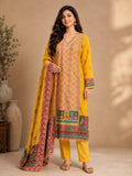 YELLOW SUIT IN  MUSLIN FABRIC JAIPURI PRINT AND EMBROIDERY ON NECK  PLAIN BOTTOM AND MUSLIN DUPATTA