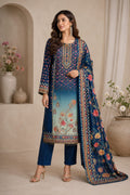 NAVY BLUE CREPE PRINTED SUIT WITH SEQUENCE WORK ON FULL SUIT WITH TASSELS LACE  ON HEMLINE WITH PLAIN PANT AND CREPE DUPATTA
