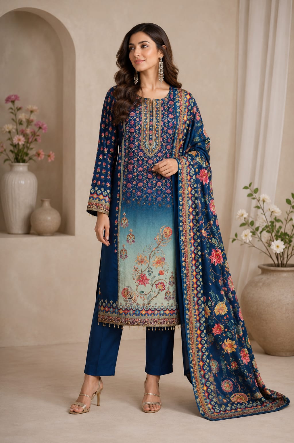 NAVY BLUE CREPE PRINTED SUIT WITH SEQUENCE WORK ON FULL SUIT WITH TASSELS LACE  ON HEMLINE WITH PLAIN PANT AND CREPE DUPATTA