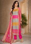 PINK AND YELLOW CREPE SUIT WITH HEAVY EMBROIDERY AND SEQUOENCE WORK ON SUIT  PLAIN BOTTOM  AND CHINNON DUPATTA  WITH TASSELS