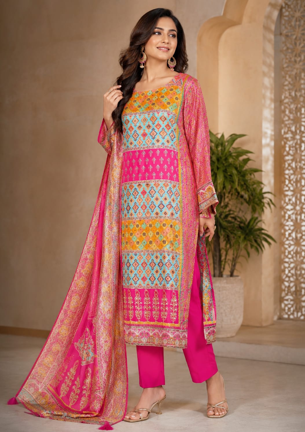 PINK AND YELLOW CREPE SUIT WITH HEAVY EMBROIDERY AND SEQUOENCE WORK ON SUIT  PLAIN BOTTOM  AND CHINNON DUPATTA  WITH TASSELS