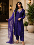 DOLA SILK SUIT WITH EMBROIDERY WORK ON NECK AND PLAIN PANT  ORGANZA DUPATTA WITH SCALPING ON DUPTTA AND ONE SIDE HEAVY EMBROIDERY WORK