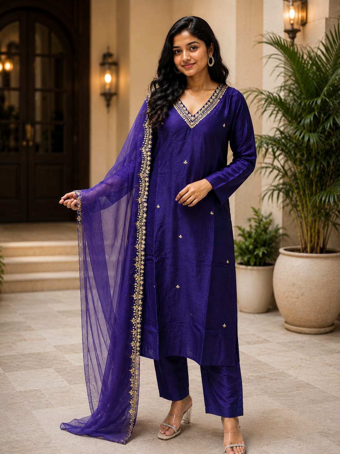 DOLA SILK SUIT WITH EMBROIDERY WORK ON NECK AND PLAIN PANT  ORGANZA DUPATTA WITH SCALPING ON DUPTTA AND ONE SIDE HEAVY EMBROIDERY WORK