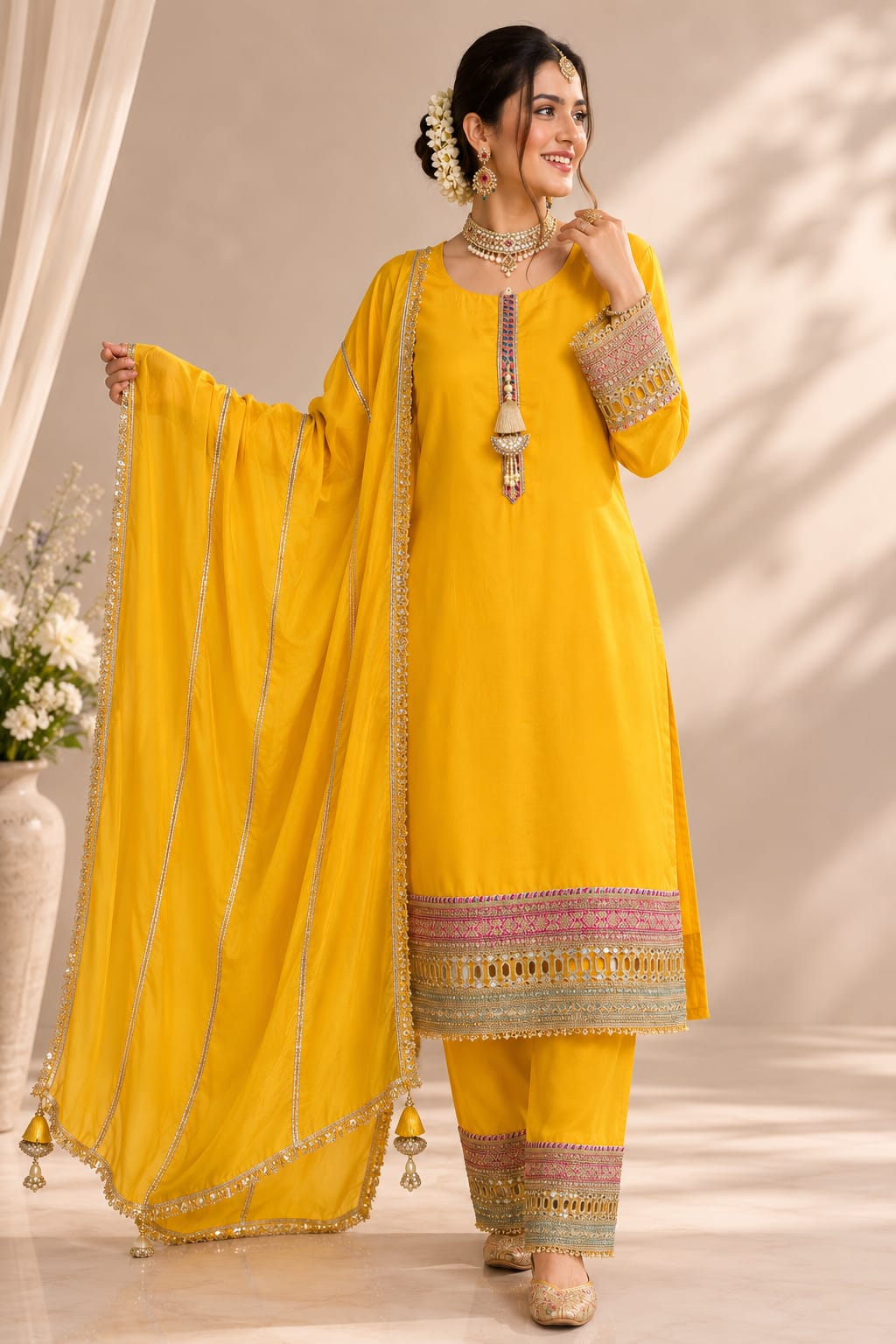 YELLOW SUIT  FOR HALDI FUNCTIONS  MUSLUN SUIT WITH HEAVY EMBROIDERY WORK ON HEMLINE AND SLEEVES