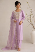 LAVENDER COLOR CHINNON SUIT WITH HEAVY NECK WORK LACE ON HEMLINE  PLAIN BOTTOM  DUPATTA WITH HEAVY BORDER