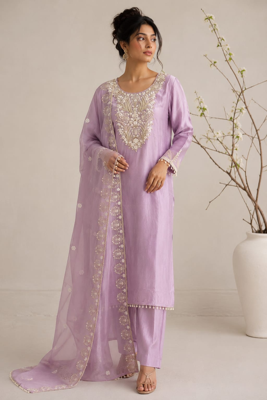 LAVENDER COLOR CHINNON SUIT WITH HEAVY NECK WORK LACE ON HEMLINE  PLAIN BOTTOM  DUPATTA WITH HEAVY BORDER