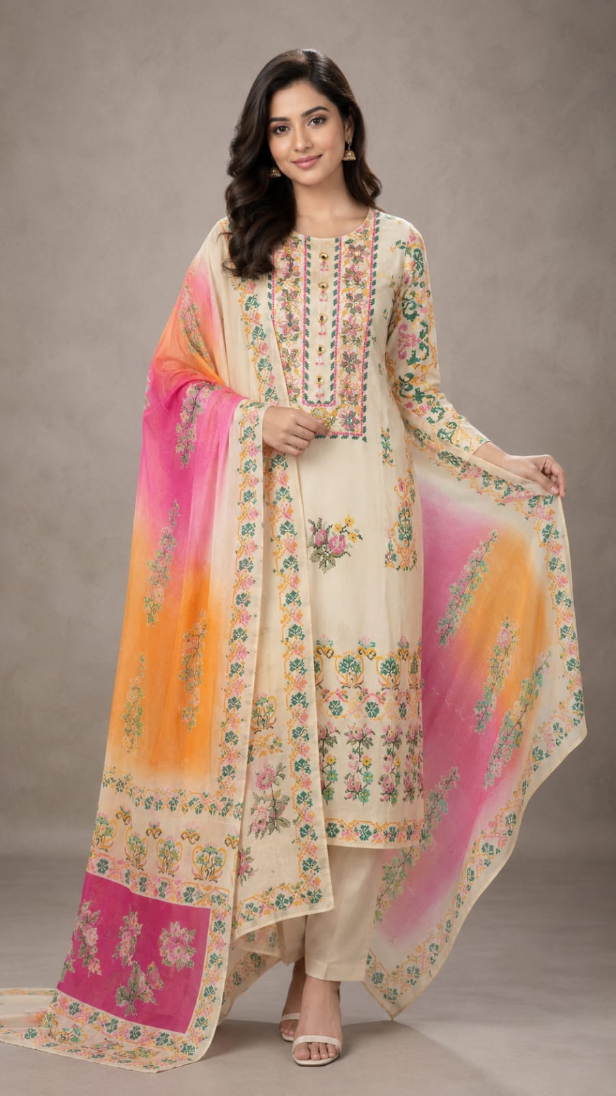OFF WHITE PRINTED SUIT WITH PEARL WORK ON NECKLINE  PLAIN BOTTOM AND PRINTED DUPATTA