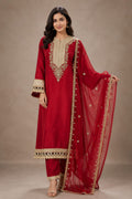 RED SUIT IN CREPE  FABRIC PERFECT FOR WEDDING HEAVY WORK ON NECKLINE AND SLEEVES