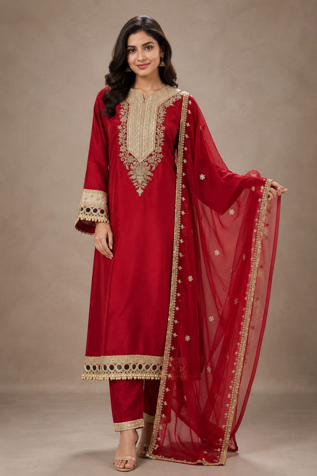 RED SUIT IN CREPE  FABRIC PERFECT FOR WEDDING HEAVY WORK ON NECKLINE AND SLEEVES