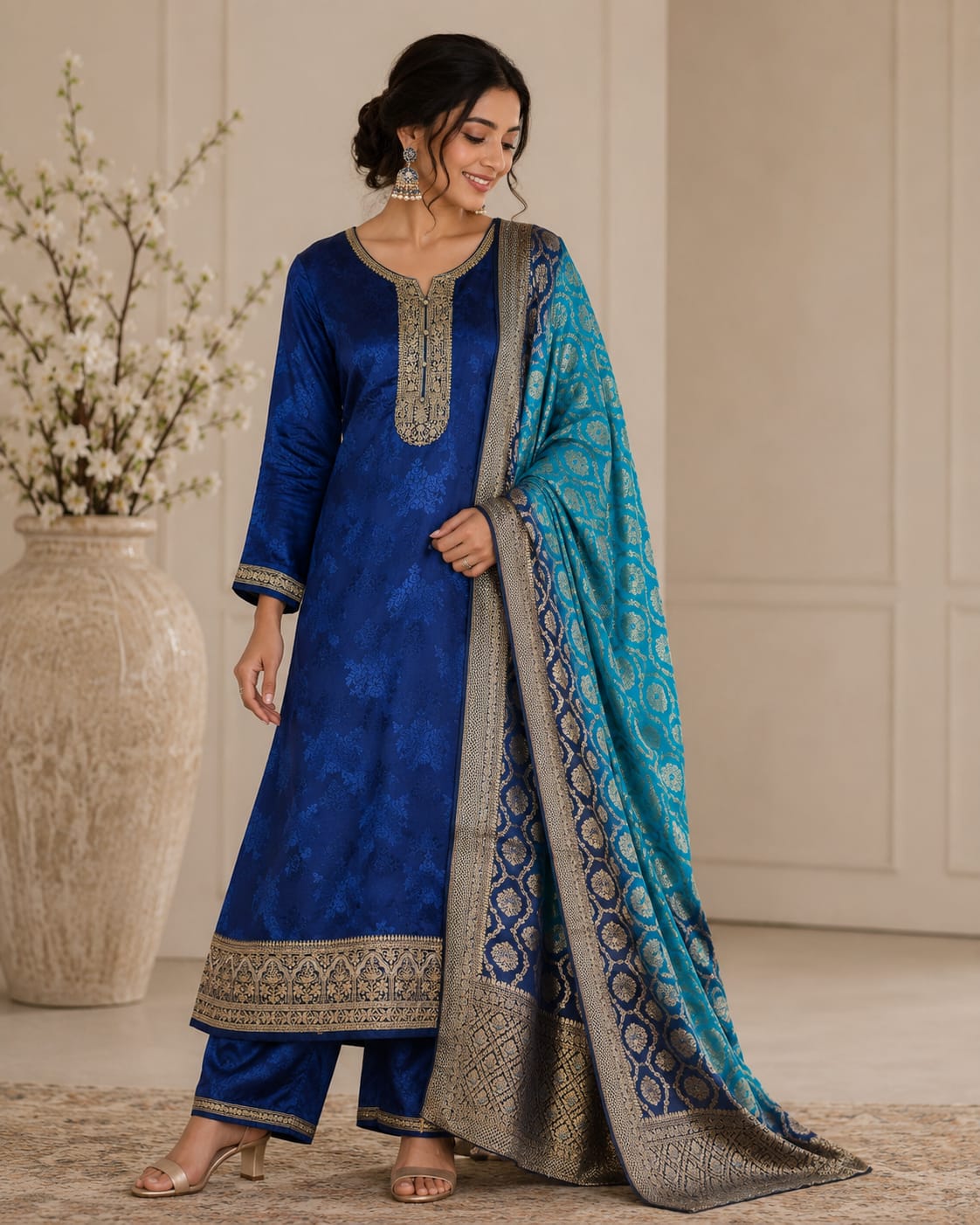 ROYAL BLUE COLOUR  BANARSI SUIT  WITH HEAVY EMBROIDERY ON NECK AND HEMLINE