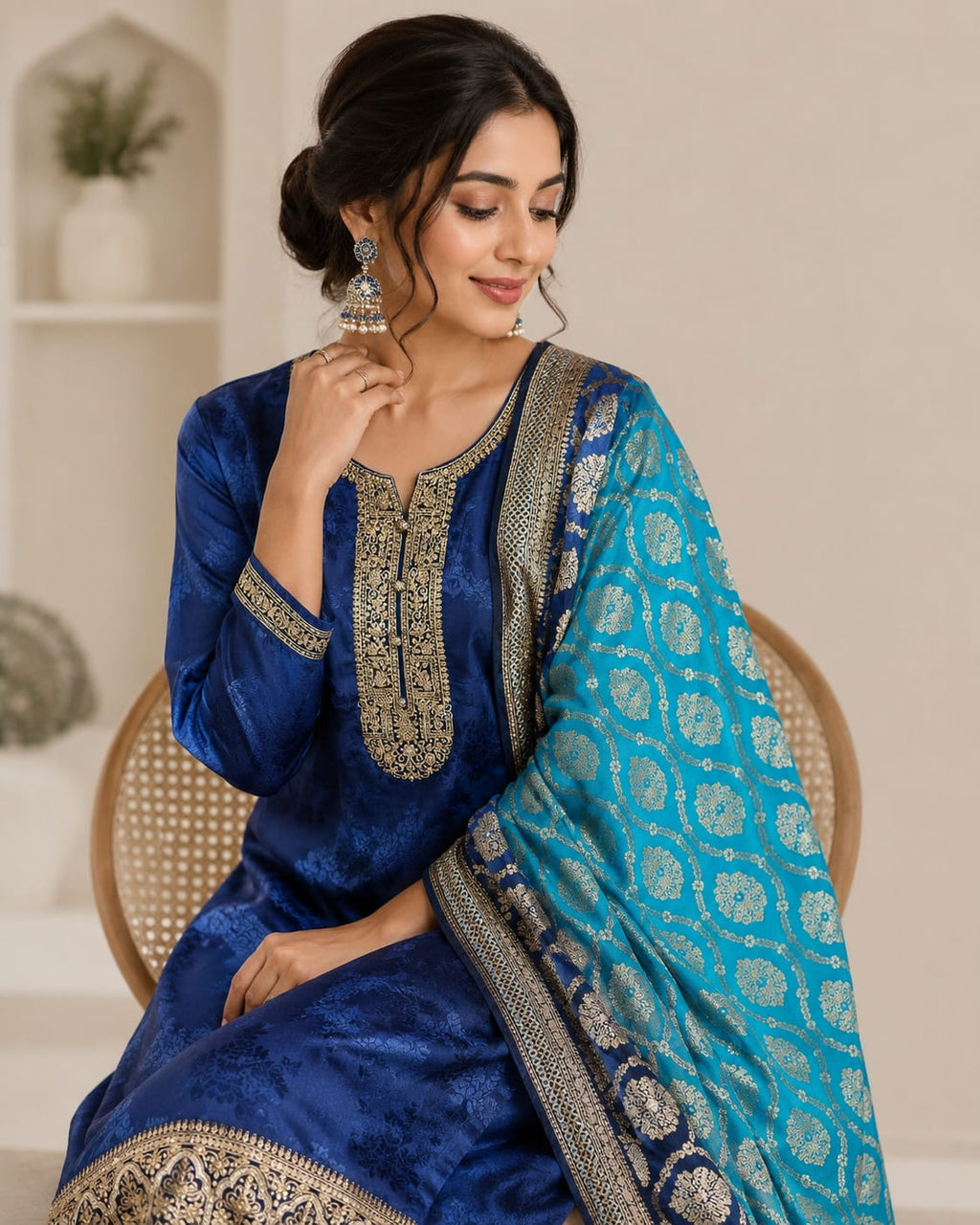 ROYAL BLUE COLOUR  BANARSI SUIT  WITH HEAVY EMBROIDERY ON NECK AND HEMLINE