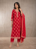 RED PRINTED MUSLIN SUIT WITH EMBROIDERY ON NECKLINE AND HEMLINE  BOTTOM WITH EMBROIDERY  PURE CHINNON PRINTED DUPATTA WITH FOUR SIDE SCALPING