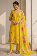 SHIMMER YELLOW PRINTED SUIT WITH WORK ON NECK LINE