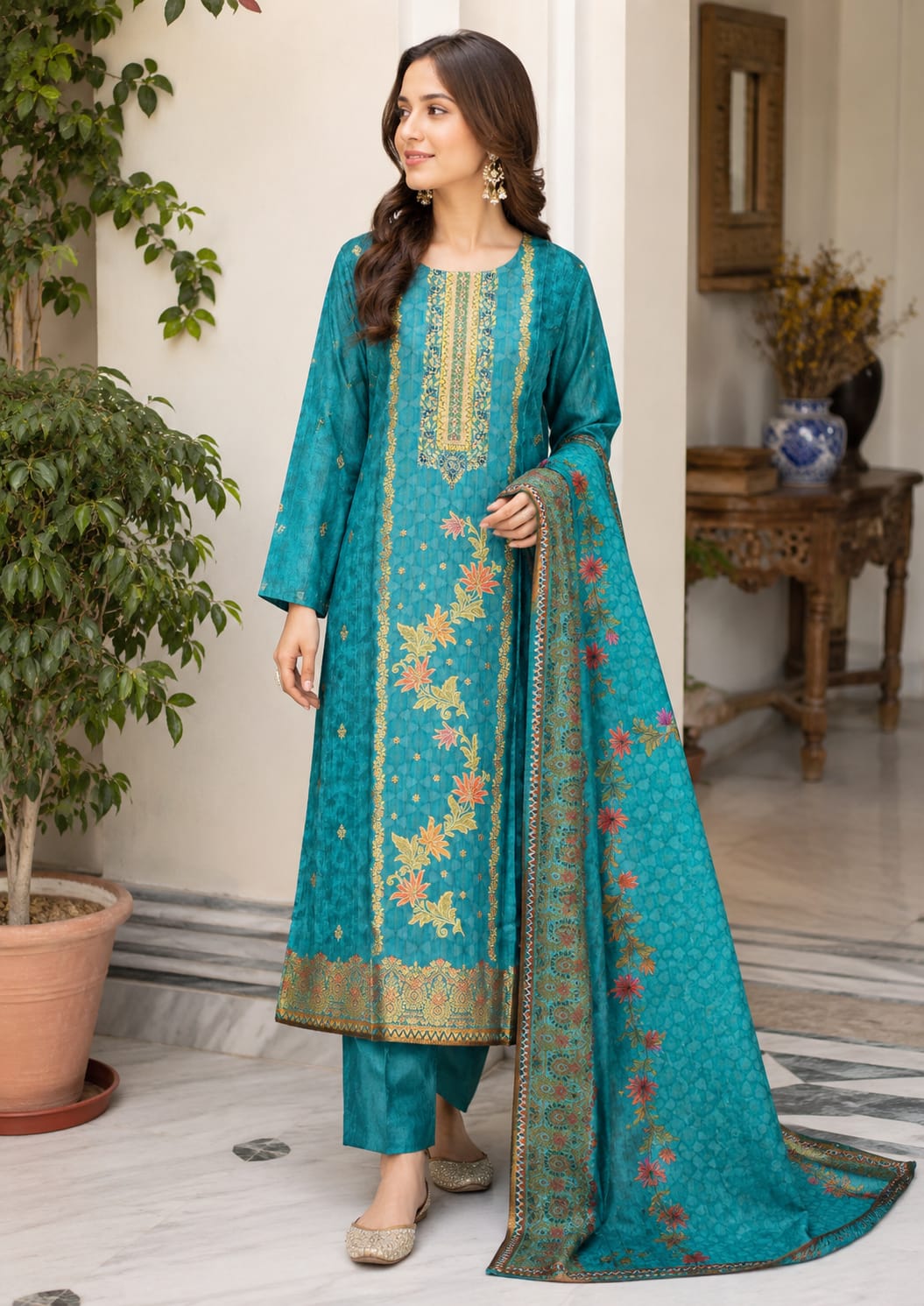 AQUA BLUE COLOUR BANARSI SUIT WITH SEQUENCE  WORK ON NECK  PLAIN PQNT CHINNON PRINTEX DUPATTA WITH TASSLES
