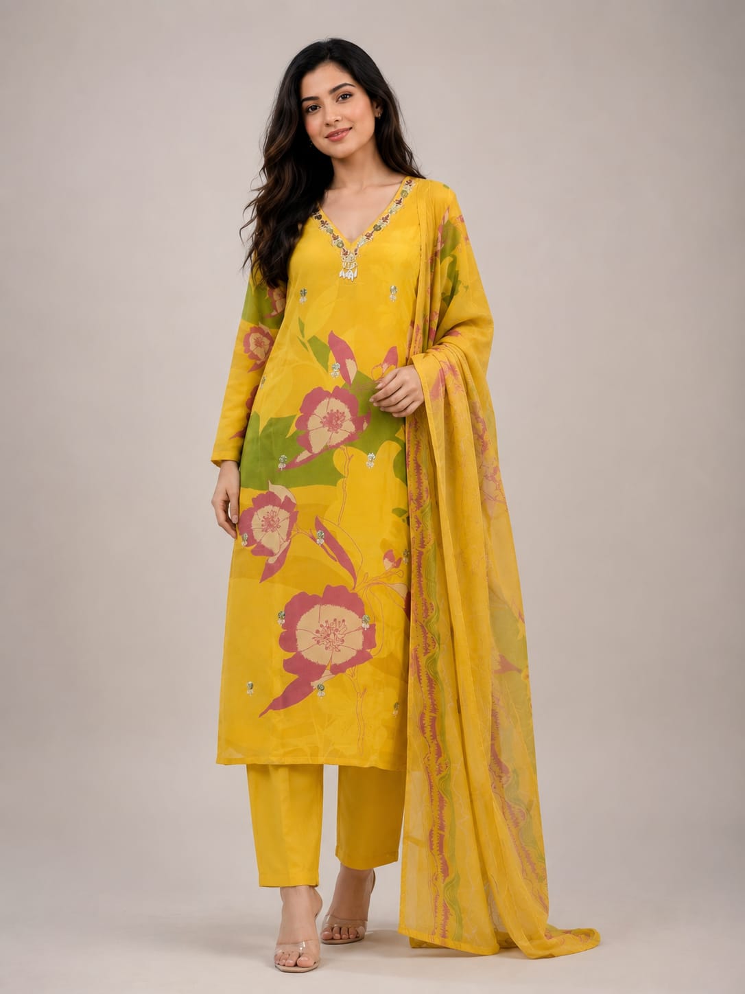 YELLOW MUSLIN  PRINTED SUIT  WITH WORK ON NECKLINE PLAIN PANT AND MUSLIN DUPATTA