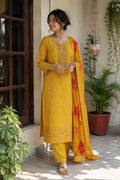 MUSTARD YELLOW BANARSI SUIT WITH BANDANI PRINT HEAVY EMBROIDERY WORK ON NECKLINE AND HEMLINE