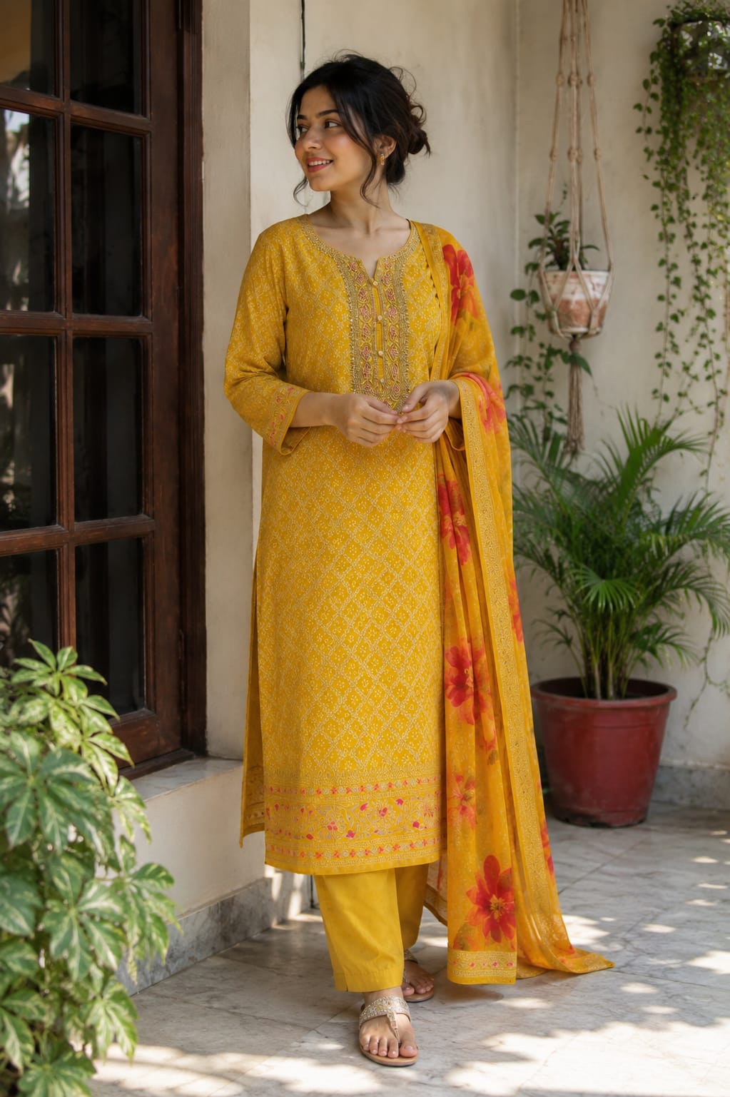 MUSTARD YELLOW BANARSI SUIT WITH BANDANI PRINT HEAVY EMBROIDERY WORK ON NECKLINE AND HEMLINE