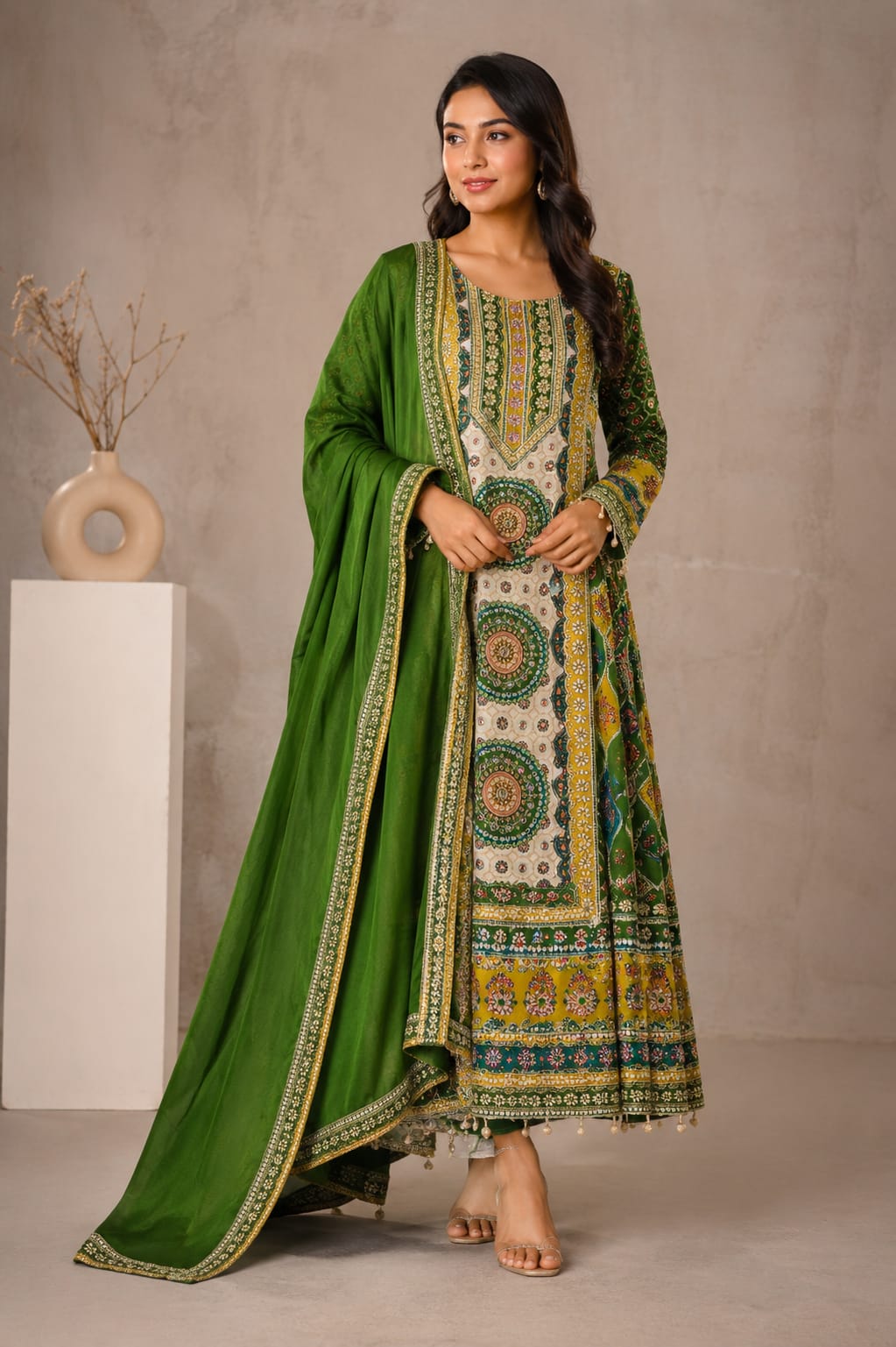 ALINE. CREPE SUIT WITH SEQUENCE AND MIRROR WORK SHELL LACE ON SLEEVES AND HEMLINE
