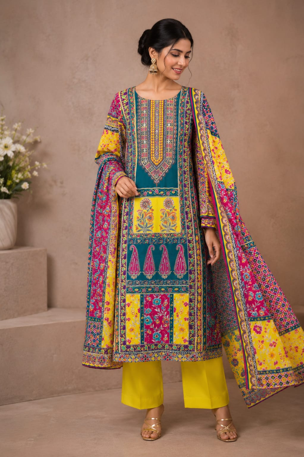 YELLOW MUSLIN SUIT WITH WORK ON FRONT PANEL AND PLAIN BOTTOM  MUSLIN DUPATTA