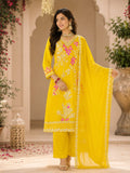 YELLOW CHINNON SUIT WITH BANARSI WORK ON SLEEVES AND HEMLINE