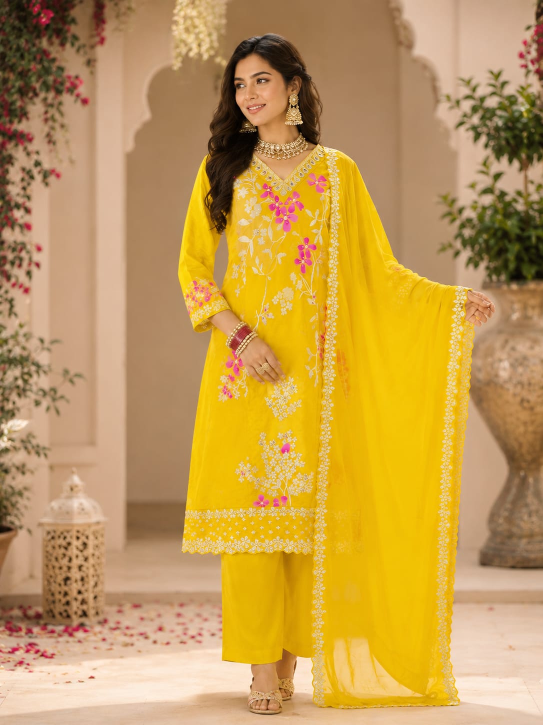 YELLOW CHINNON SUIT WITH BANARSI WORK ON SLEEVES AND HEMLINE
