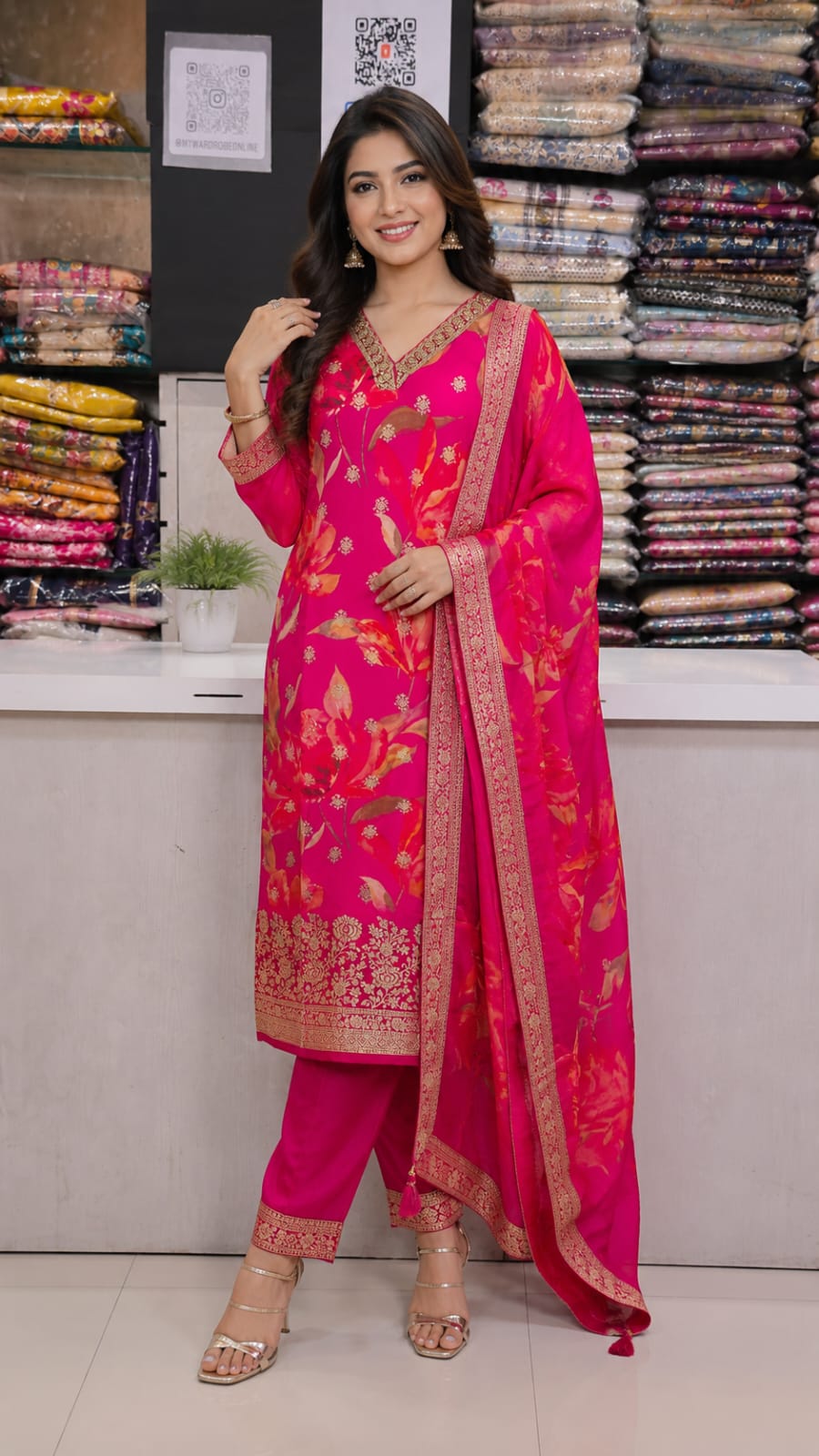 MAJENTA PINK  FLORAL PRINT BANARSI SUIT  WITH WORK ON NECK LINE AND HEMLINE