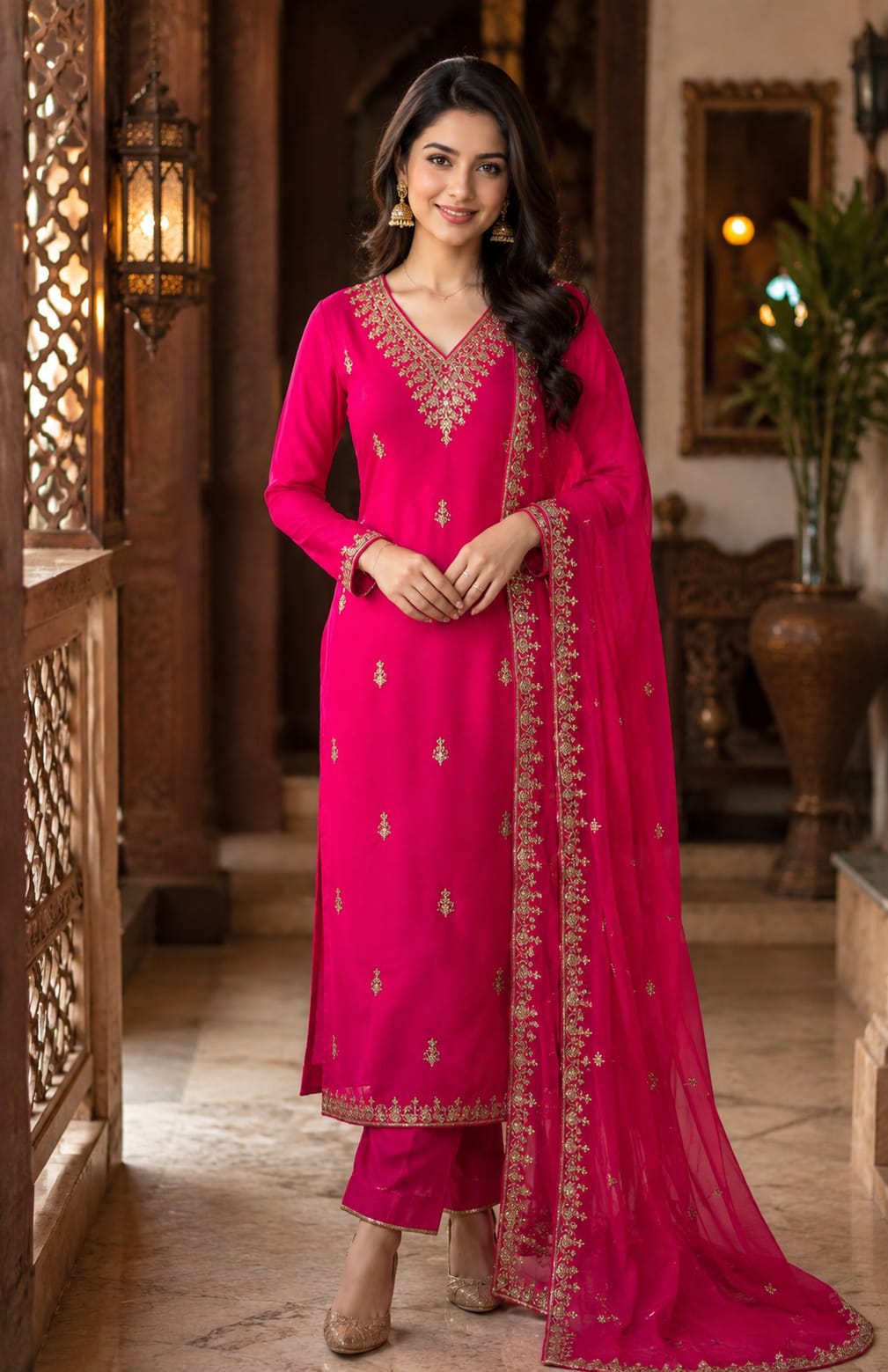 MAJENTA PINK DOLA SILK SUIT  WITH HEAVY WORK ON NECKLINE