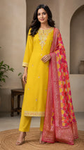 YELLOW COTTON SILK SUIT WITH EMBROIDERY ON NECK