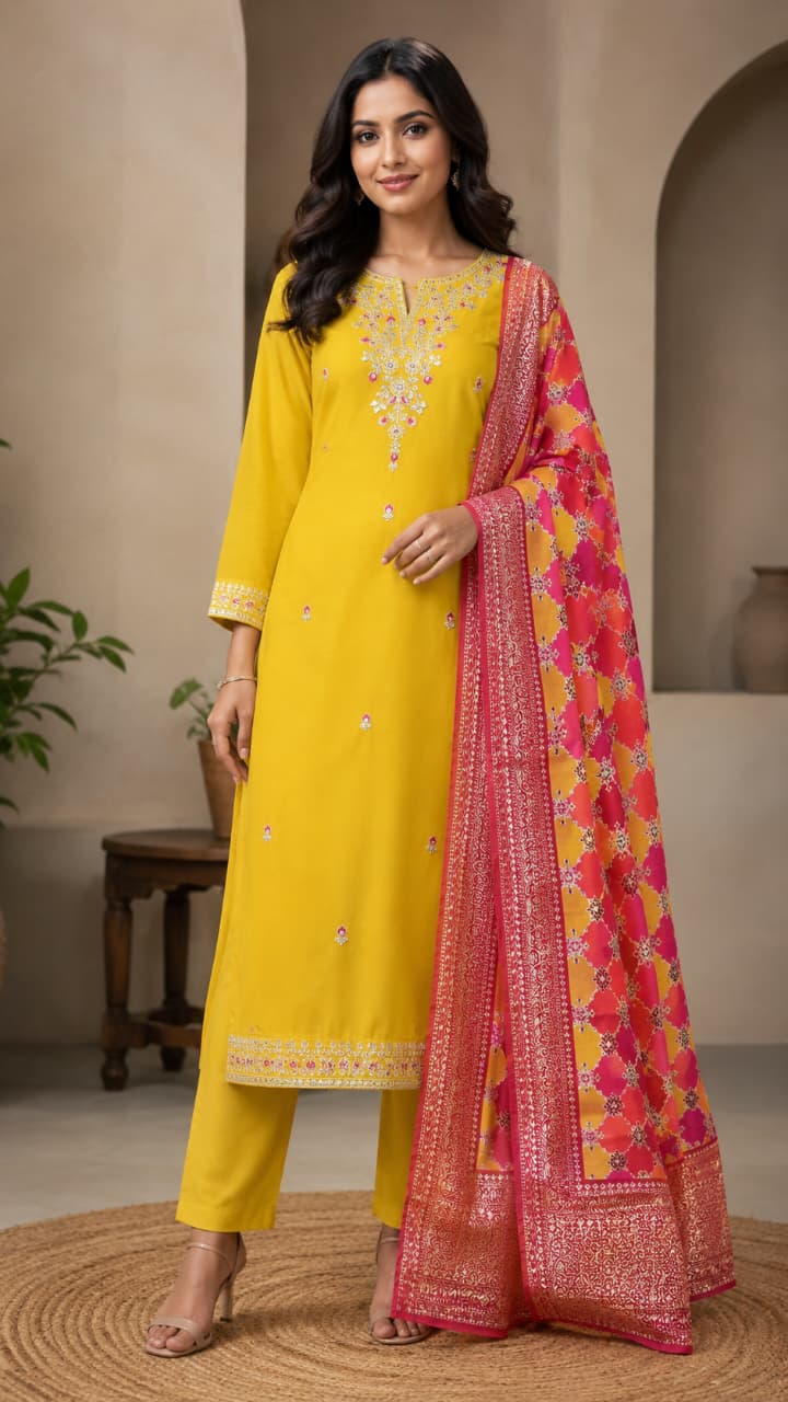 YELLOW COTTON SILK SUIT WITH EMBROIDERY ON NECK