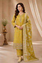 PARTY COLLECTION   TITTLE GREEN COLOUR  AND YELLOW COLOUR  SHIMMER FABRIC WITH HEAVY MOTI WORK ON NECK AND HEMLINE
