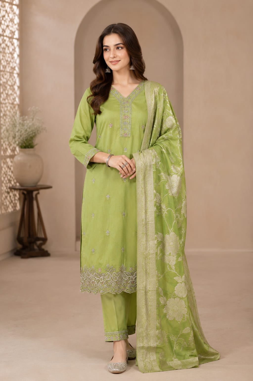 PARTY COLLECTION   TITTLE GREEN COLOUR  AND YELLOW COLOUR  SHIMMER FABRIC WITH HEAVY MOTI WORK ON NECK AND HEMLINE